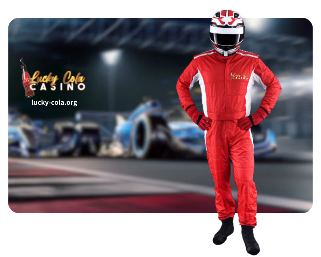 A professional race car driver in a red racing suit and helmet standing confidently on a racetrack with race cars in the background.