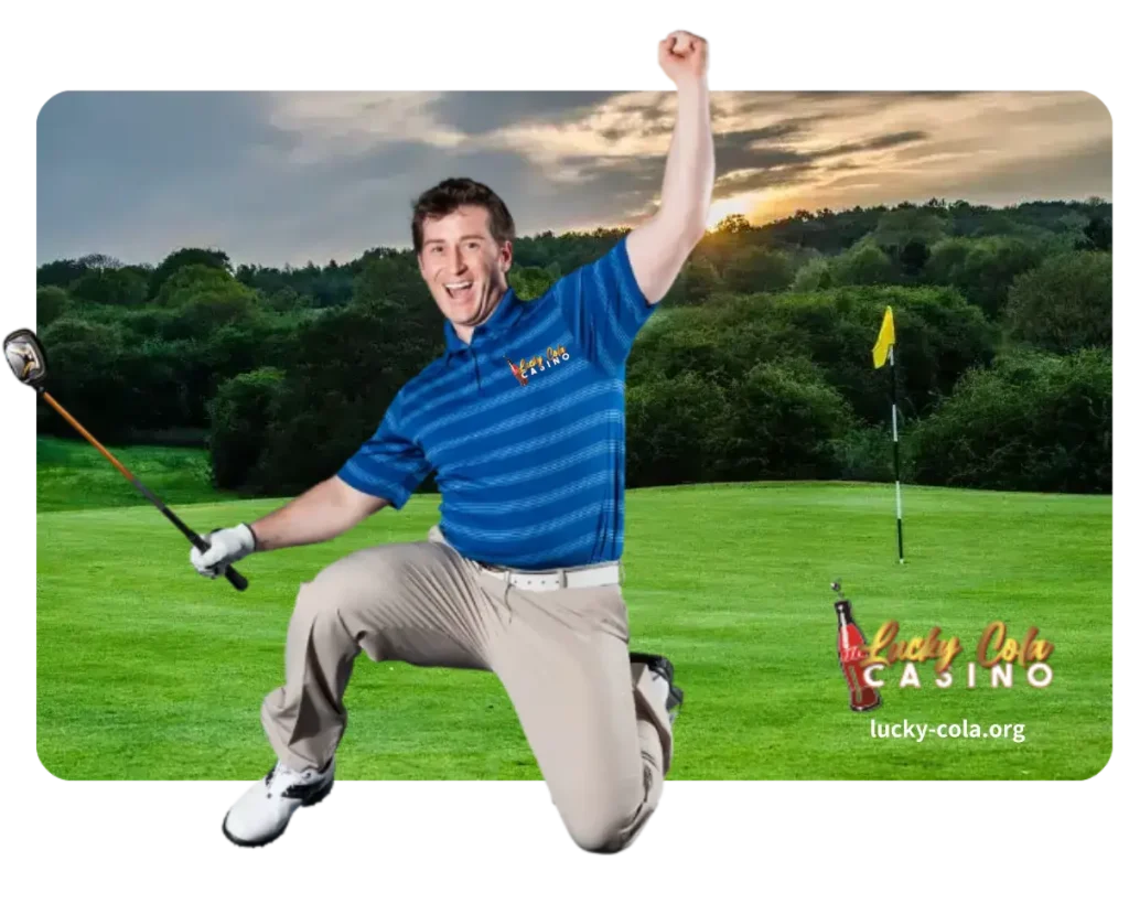 A professional golfer in a blue shirt swinging a golf club on a green fairway with a clear sky background.