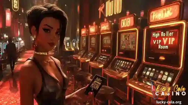 a woman holding a phone in front of a slot machine